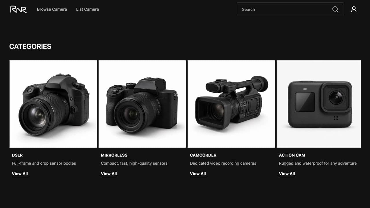Rent N Roll marketplace browse page with camera categories and featured equipment.